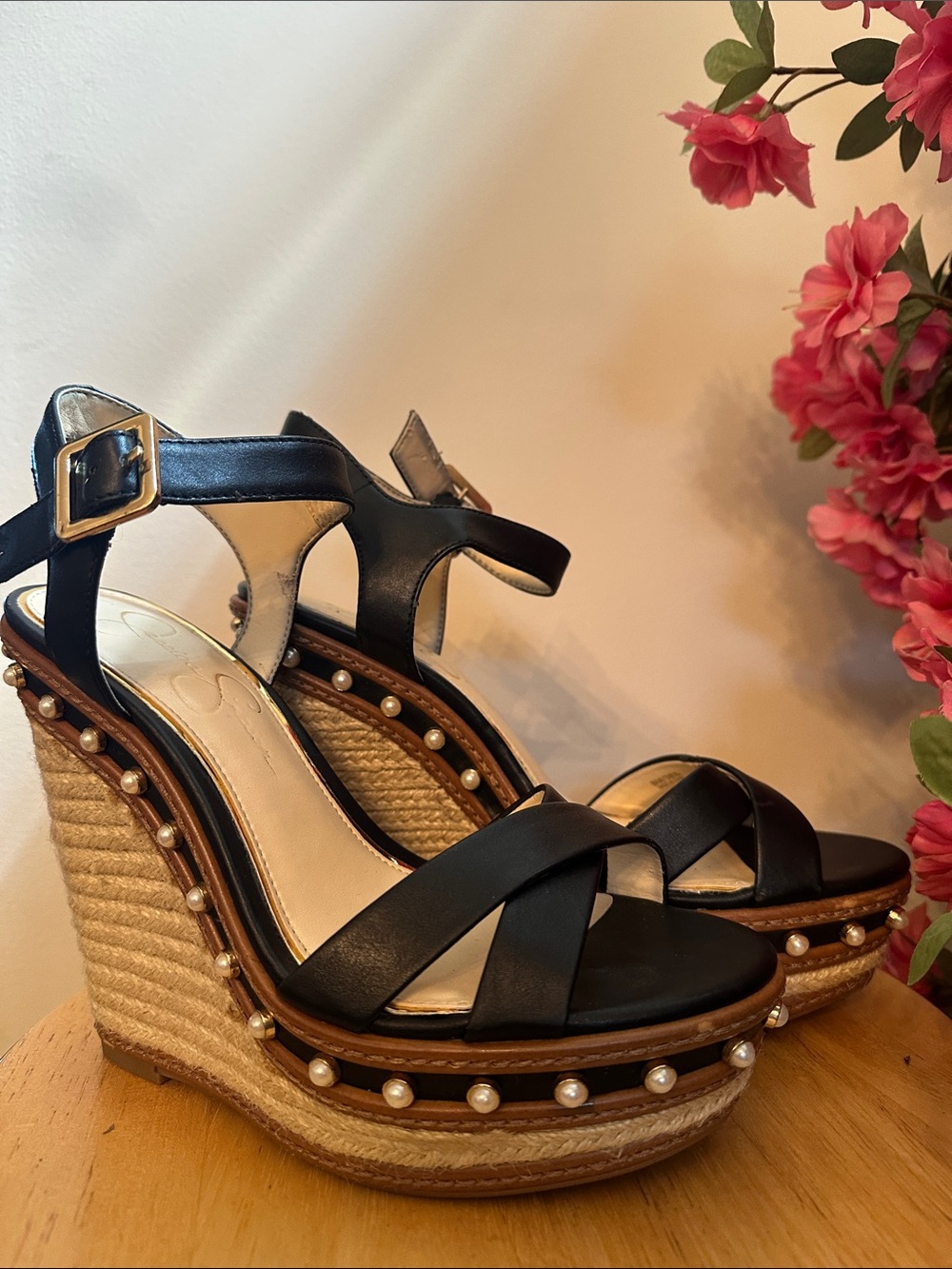 Jessica Simpson Black Pearl-Trim Espadrille Wedge Sandals